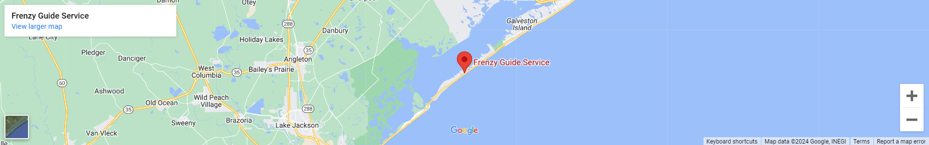 Map location of Frenzy Guide Service pinpointed along the shores near Galveston, Texas, perfect for planning your next fishing trip.